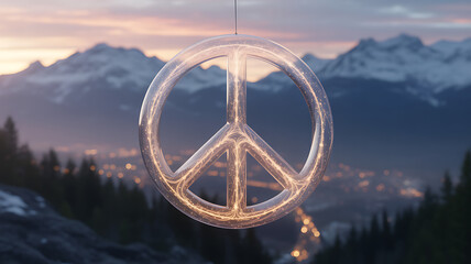 A glowing peace symbol hangs in the foreground against a mountainous landscape at dusk, with a town illuminated below.