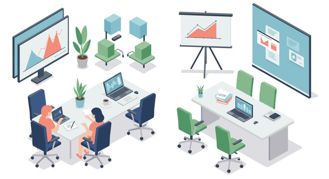 Modern office workspace with colleagues analyzing graphs in an isometric design