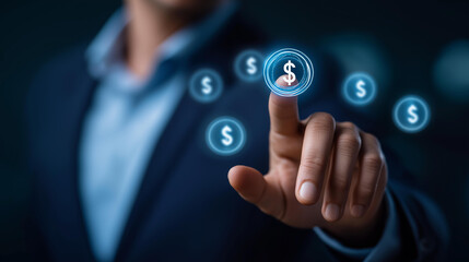 A financier reviews venture capital icons on a digital interface, hyper-realistic investment visuals with vivid details, moody shadows on a screen, bright saturation in financial s