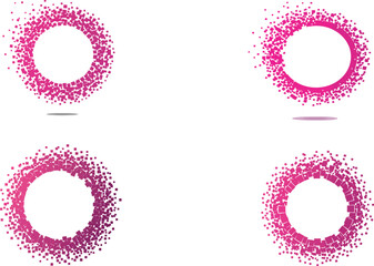 Four abstract circular frames composed of pink and magenta pixelated particles, creating a sense of dynamic movement and digital art.