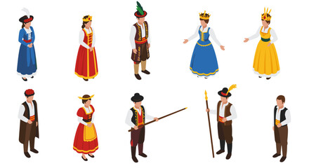 Traditional european costumes isometric design set: diverse cultural attire