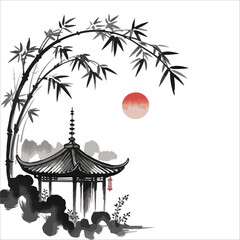 Tranquil Pagodas at Sunset Serene Bamboo Courtyard at Sunset