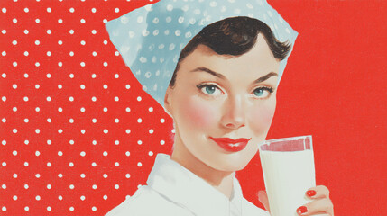 Graphic profile woman milk glass red turquoise vintage french dairy