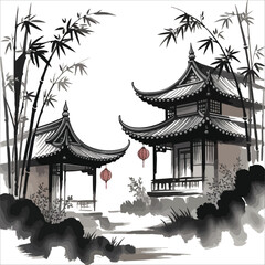 Tranquil Pagodas at Sunset Serene Bamboo Courtyard at Sunset