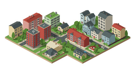 Isometric urban neighborhood with colorful buildings and streetscape
