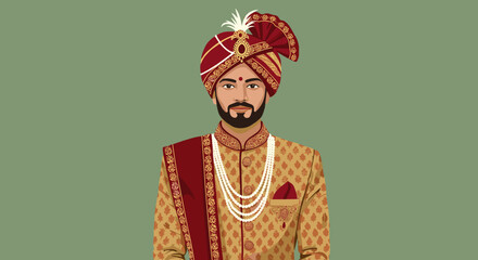 Obraz premium Man wearing traditional Indian attire with turban and jewelry 