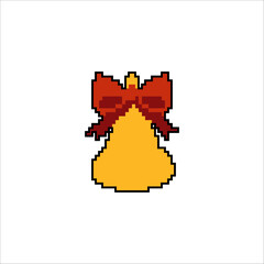 Fototapeta premium Retro pixel art bell with red bow for holiday decorations and festive designs Retro 8bit game style Xmas icon isolated on white background