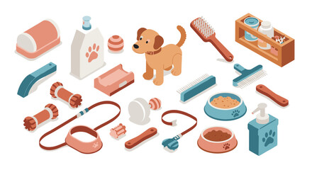 Isometric pet care essentials with cute dog and grooming accessories
