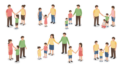 Fototapeta premium Diverse family groups engaging in various activities in isometric style