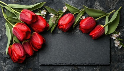 Red tulips are arranged in a frame on textured dark stone background. Perfect for product mockups, spring cards, and romantic designs.