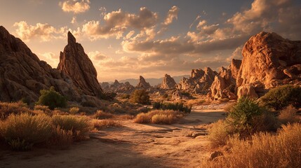 Obraz premium plateau. Dramatic desert canyon with striking rock formations under a warm sunset sky. inspiring travel planning, travel magazines, designed for outdoor magazines and nature guides.