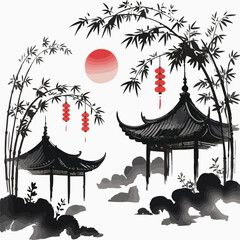 Tranquil Pagodas at Sunset Serene Bamboo Courtyard at Sunset