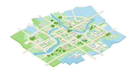 Isometric urban plan with waterways and green spaces