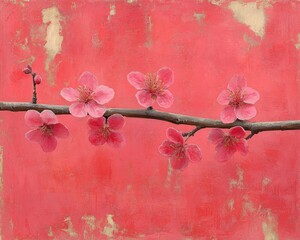 Pink blossom branch on a textured, red and gold painted background, closeup. Great for Valentine's Day, Chinese New Year, or springtime project.