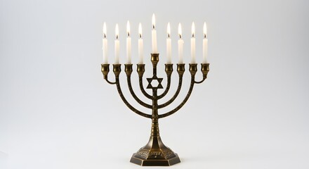 A close-up view of a bronze menorah with nine lit candles, symbolizing the festival of Hanukkah. The candles cast a warm glow, bringing light and hope.