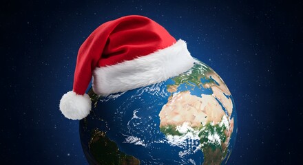 The earth is dressed in Santa's hat, symbolizing the Christmas celebration across the globe