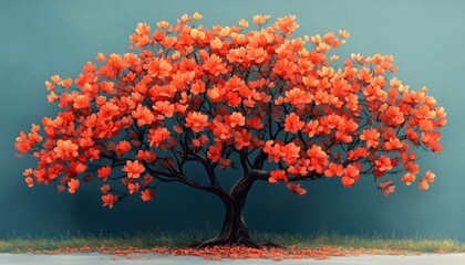 A tree full of red flowers against a beautiful teal color gradient backdrop. This image can be used for background and graphic design purposes.