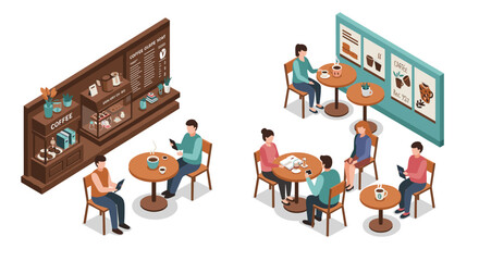 Isometric coffee shop scene with customers relaxing and chatting