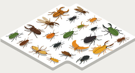 Isometric collection of colorful beetles on a white surface