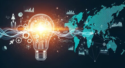 Global Innovation and Technology Concept with Glowing Lightbulb and World Map.