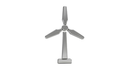 An illustration of a single, metallic wind turbine set against a background 
