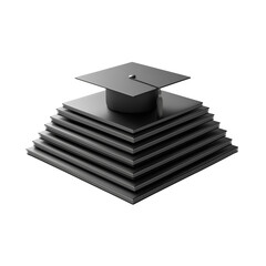 Graduation cap placed on a pyramid of stacked books against a stark black background symbolizing education achievement