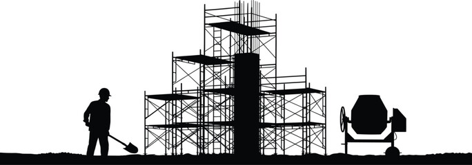 Construction site silhouette with worker, scaffolding, concrete mixer, and rebar column in black for building and engineering themes
