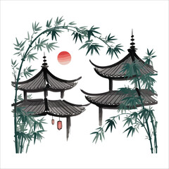 Tranquil Pagodas at Sunset Serene Bamboo Courtyard at Sunset