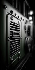Close-up of a dark green vehicle's ventilation panel.  Detailed metal grille,  accentuated by dark shadows and highlights.  Mechanical components and fasteners are visible.  Automotive style