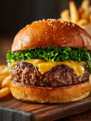 Cheeseburger with melting cheese and fresh lettuce on wooden board