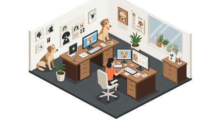 Isometric office design with dog artwork and modern workstation