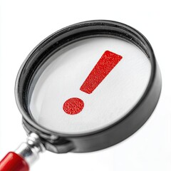 Magnifying glass focusing on a red exclamation mark