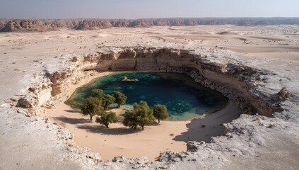 Stunning Aerial View of a Hidden Oasis in a Desert Sinkhole.