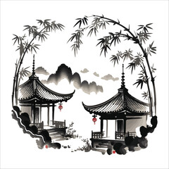 Tranquil Pagodas at Sunset Serene Bamboo Courtyard at Sunset