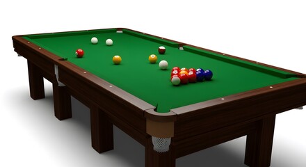 A billiard table, balls arranged ready for game. A green felt surface. The wooden frame looks sturdy and well-crafted