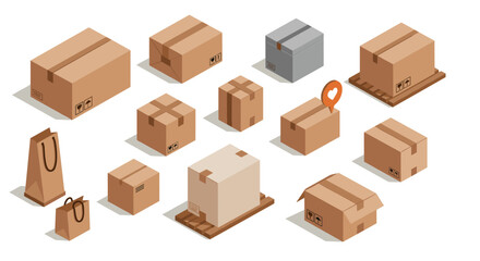 Fototapeta premium Isometric cardboard box collection with packaging icons and pallets