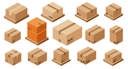 Fototapeta premium Isometric cardboard boxes collection on white background for shipping or storage
