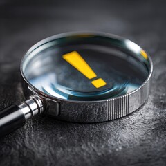 Magnifying glass focuses on a yellow exclamation point