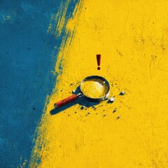 Broken magnifying glass on yellow and blue surface