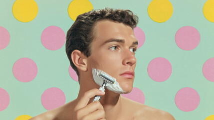 Playful man shaving multicolor polka dots vintage french grooming