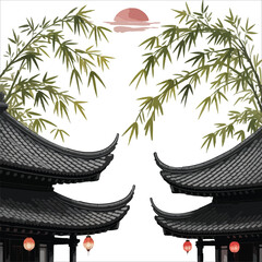 Tranquil Pagodas at Sunset Serene Bamboo Courtyard at Sunset