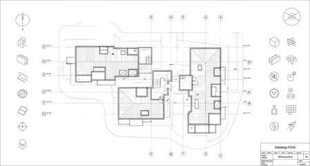 Architectural floor plan of residential complex with labeled grid, building sections, structural symbols, legend, and technical layout vector illustration