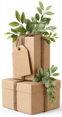 Two light brown cardboard gift boxes stacked, tied with light beige twine, adorned with fresh green leaves and a blank tag