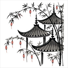 Tranquil Pagodas at Sunset Serene Bamboo Courtyard at Sunset