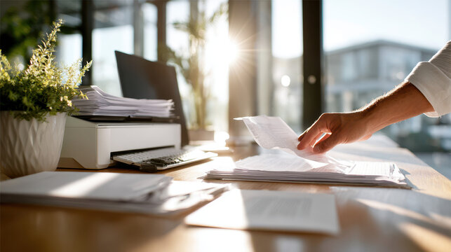 Hand of a professional sorting through paperwork on a wooden desk, with a computer and natural light illuminating the workspace, reflecting productivity and organization - Powered by Adobe