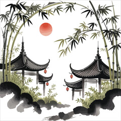 Tranquil Pagodas at Sunset Serene Bamboo Courtyard at Sunset