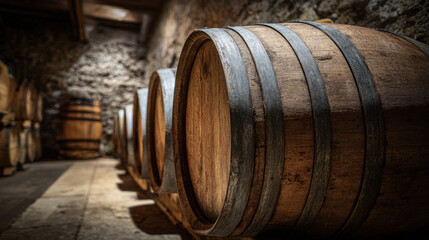 Wooden barrels stacked in dimly lit cellar with stone walls showcasing traditional craftsmanship and rustic ambiance, creating a warm and inviting atmosphere in vintage setting.