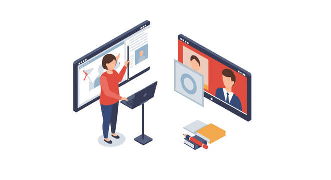 Virtual meeting concept: isometric design with presenter and participants online collaboration