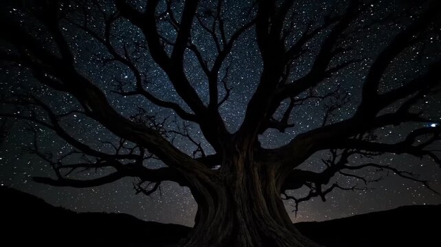 An ancient, gnarled tree stands firmly rooted as countless stars move across the expansive night sky natural beauty, majesty, exploration