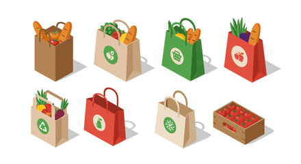Shopping bags with groceries and vegetables in isometric design
